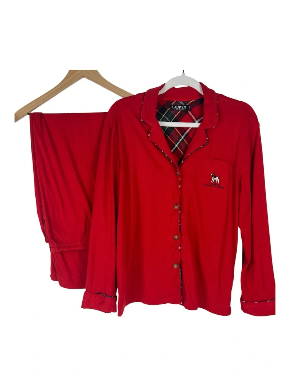 LRL Sz XL Pajama Set Red Embroidered Dog Plaid Trimmed Red Cotton